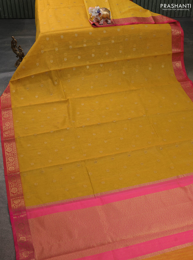 Banarasi semi dupion saree mustard yellow and pink with zari woven buttas and zari woven border