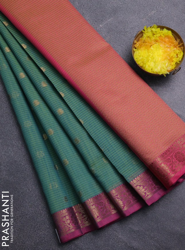 Banarasi semi dupion saree green and pink with zari woven buttas and zari woven border