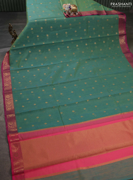 Banarasi semi dupion saree green and pink with zari woven buttas and zari woven border