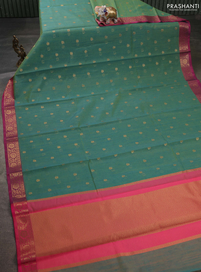Banarasi semi dupion saree green and pink with zari woven buttas and zari woven border