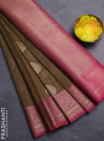 Banarasi semi dupion saree green and magenta pink with thread & zari woven buttas and zari woven border