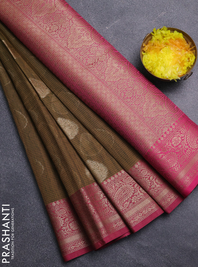 Banarasi semi dupion saree green and magenta pink with thread & zari woven buttas and zari woven border