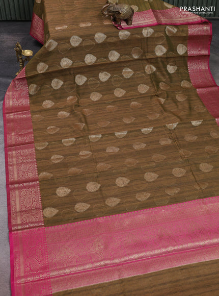 Banarasi semi dupion saree green and magenta pink with thread & zari woven buttas and zari woven border
