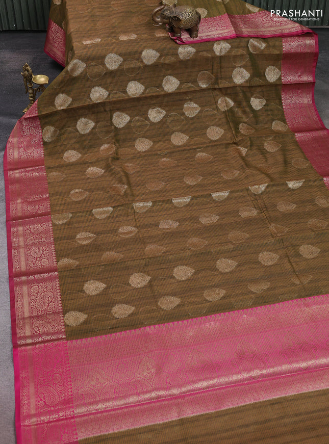Banarasi semi dupion saree green and magenta pink with thread & zari woven buttas and zari woven border