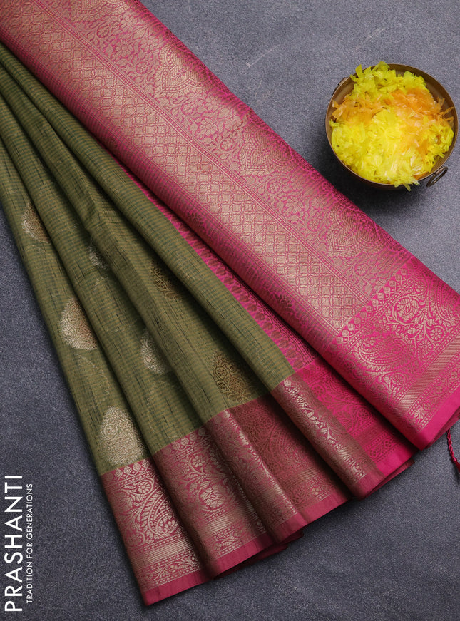 Banarasi semi dupion saree green and pink with thread & zari woven buttas and zari woven border