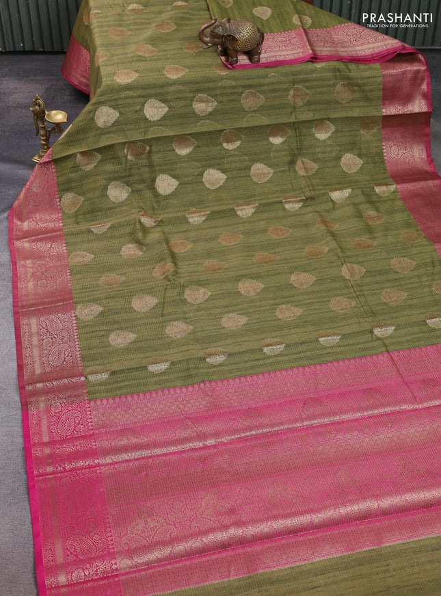 Banarasi semi dupion saree green and pink with thread & zari woven buttas and zari woven border
