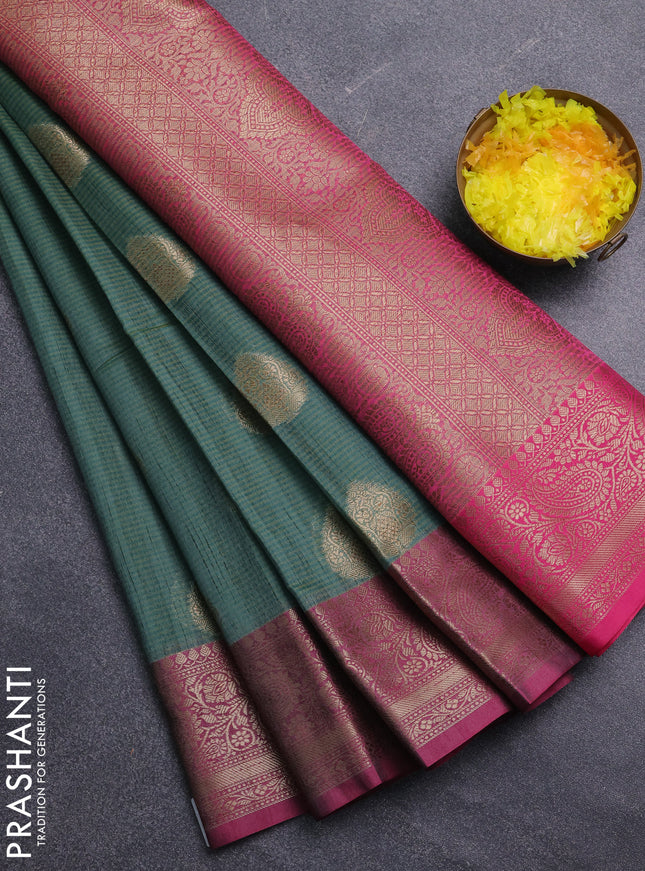 Banarasi semi dupion saree green and pink with thread & zari woven buttas and zari woven border