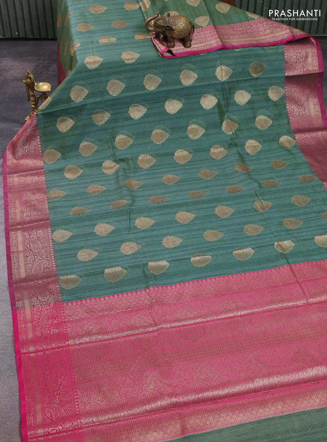Banarasi semi dupion saree green and pink with thread & zari woven buttas and zari woven border
