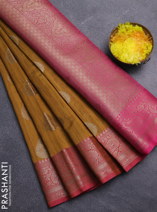 Banarasi semi dupion saree mustard yellow and pink with thread & zari woven buttas and zari woven border