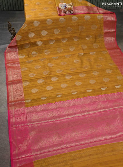 Banarasi semi dupion saree mustard yellow and pink with thread & zari woven buttas and zari woven border