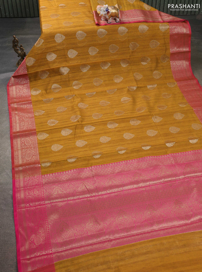 Banarasi semi dupion saree mustard yellow and pink with thread & zari woven buttas and zari woven border