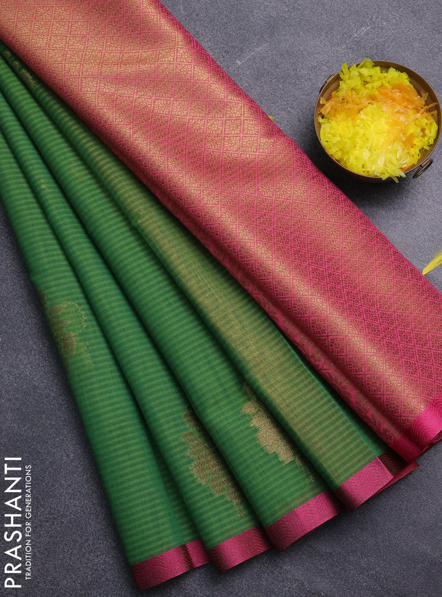 Banarasi semi dupion saree green and pink with thread & zari woven buttas and zari woven border