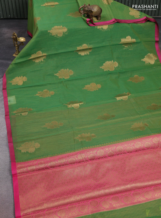 Banarasi semi dupion saree green and pink with thread & zari woven buttas and zari woven border