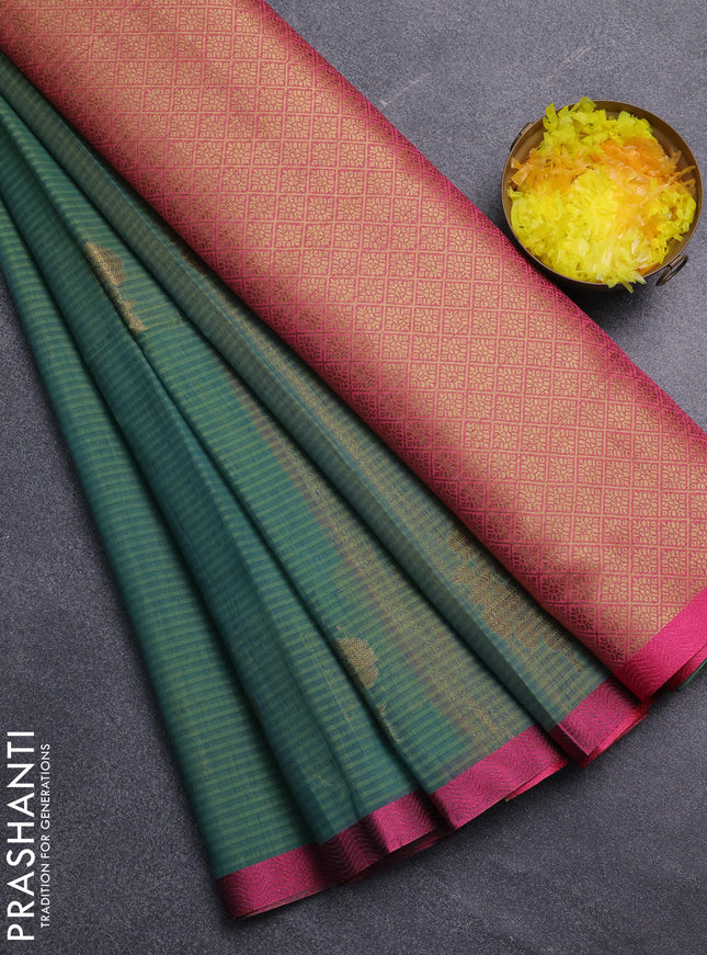 Banarasi semi dupion saree green and pink with thread & zari woven buttas and zari woven border