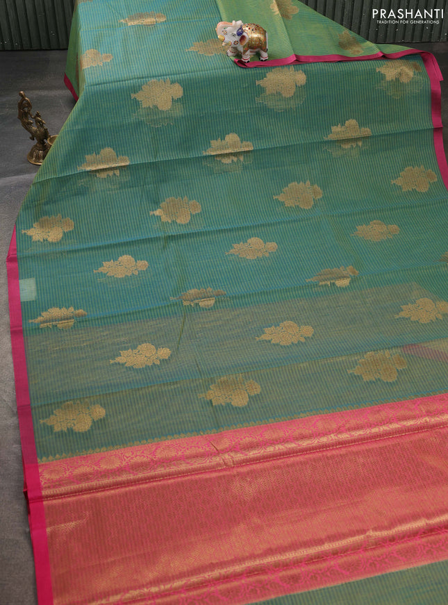 Banarasi semi dupion saree green and pink with thread & zari woven buttas and zari woven border