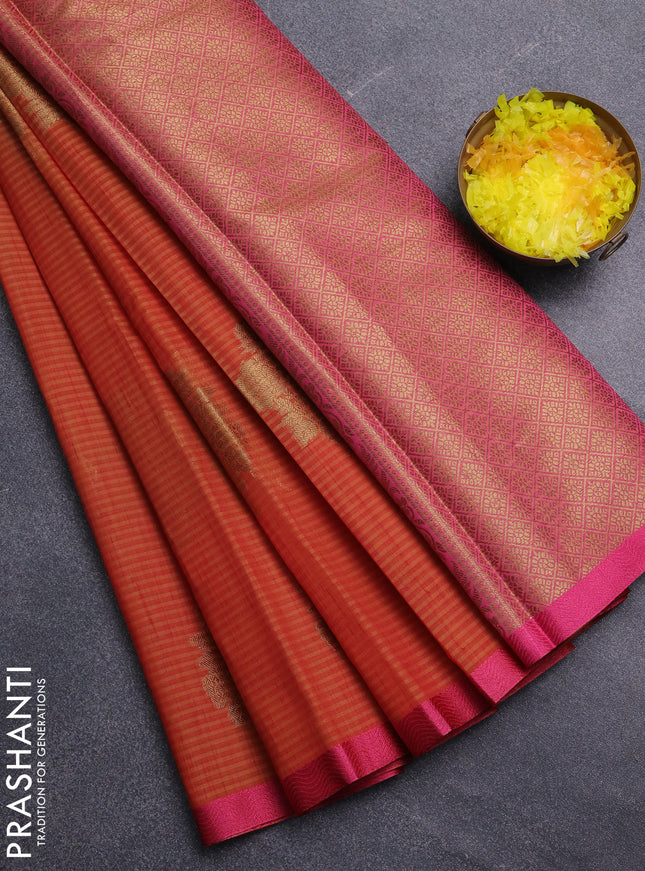 Banarasi semi dupion saree sunset orange and pink with thread & zari woven buttas and zari woven border