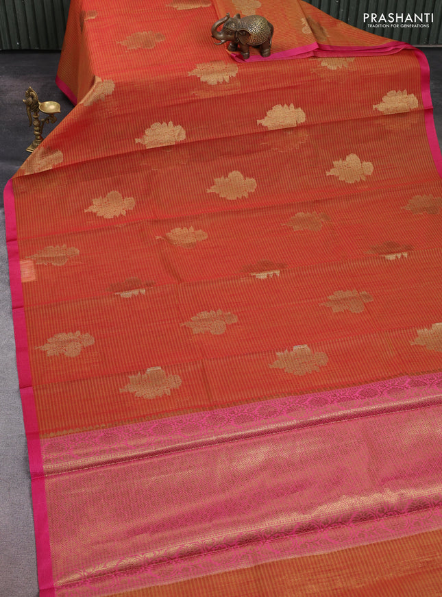 Banarasi semi dupion saree sunset orange and pink with thread & zari woven buttas and zari woven border