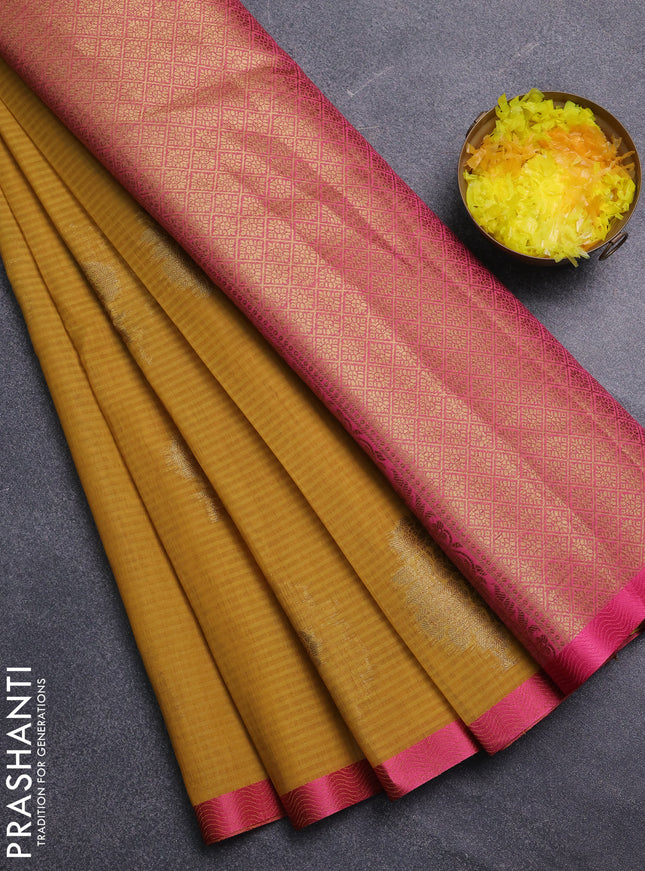 Banarasi semi dupion saree mustard yellow and pink with thread & zari woven buttas and zari woven border