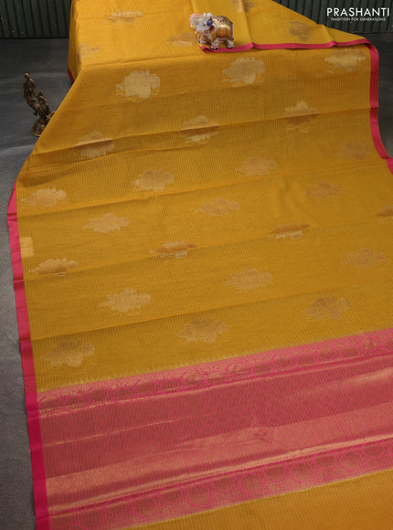 Banarasi semi dupion saree mustard yellow and pink with thread & zari woven buttas and zari woven border