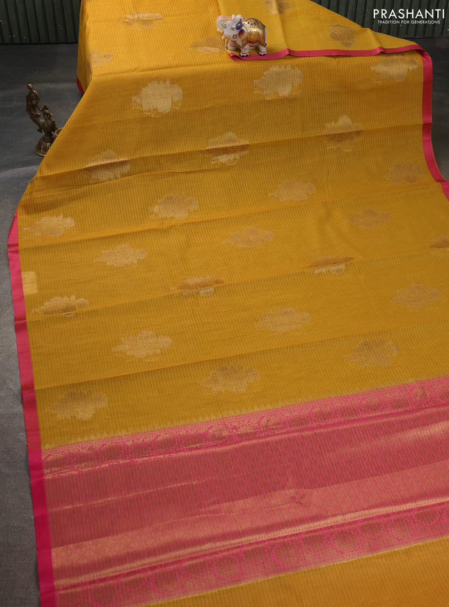 Banarasi semi dupion saree mustard yellow and pink with thread & zari woven buttas and zari woven border