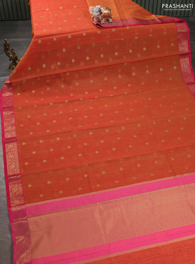 Banarasi semi dupion saree sunset orange and pink with thread & zari woven buttas and thread & zari woven border
