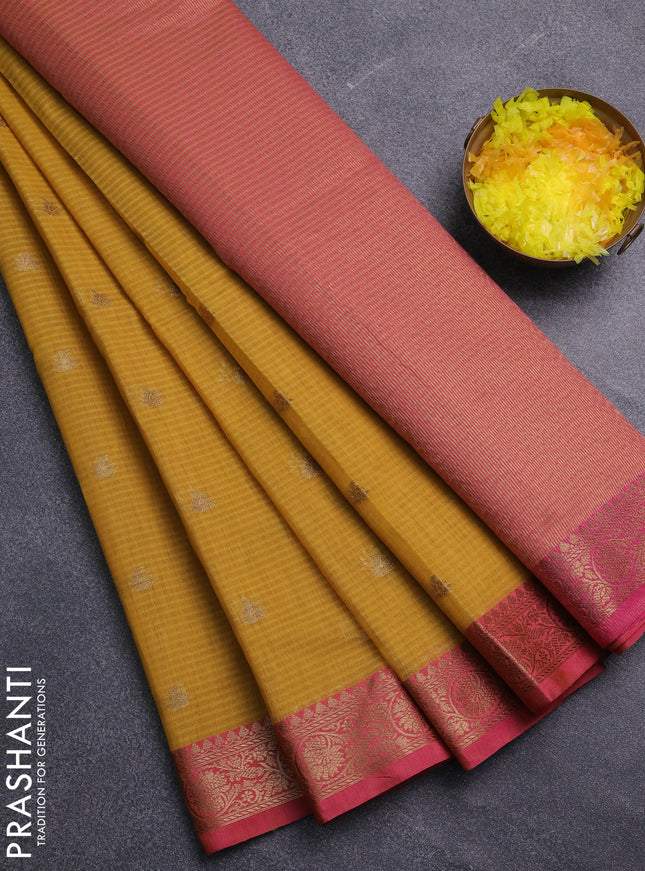 Banarasi semi dupion saree mustard yellow and pink with thread & zari woven buttas and thread & zari woven border