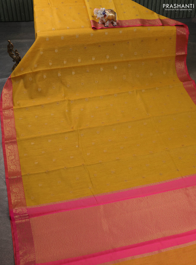 Banarasi semi dupion saree mustard yellow and pink with thread & zari woven buttas and thread & zari woven border