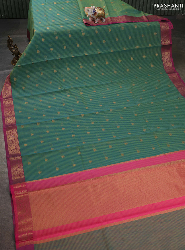 Banarasi semi dupion saree dual shade of greenish yellow and pink with thread & zari woven buttas and thread & zari woven border
