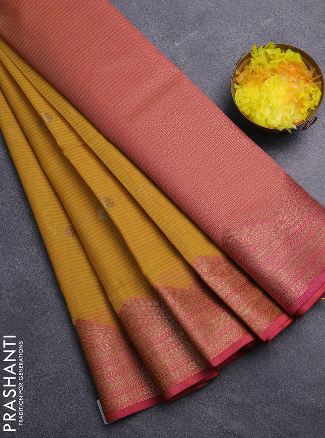 Banarasi semi dupion saree mustard yellow and pink with thread & zari woven buttas and thread & zari woven border