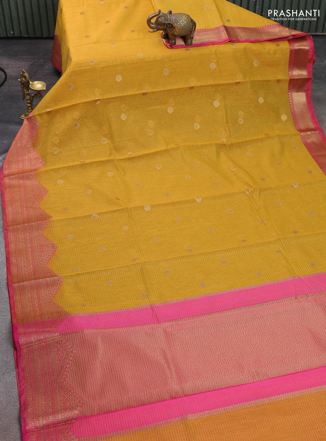 Banarasi semi dupion saree mustard yellow and pink with thread & zari woven buttas and thread & zari woven border