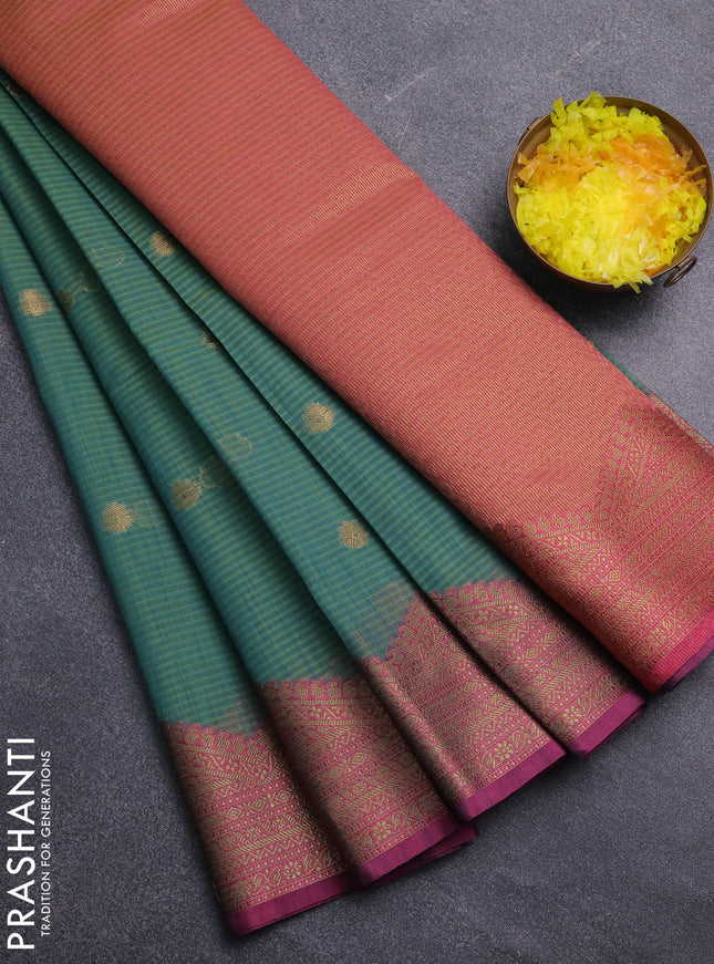 Banarasi semi dupion saree green and magenta pink with thread & zari woven buttas and thread & zari woven border