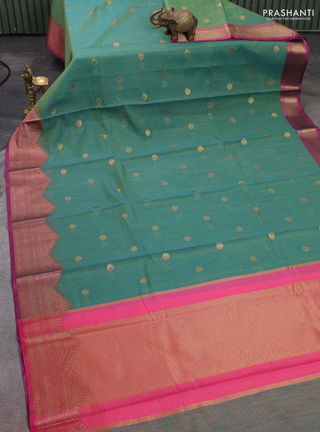 Banarasi semi dupion saree green and magenta pink with thread & zari woven buttas and thread & zari woven border