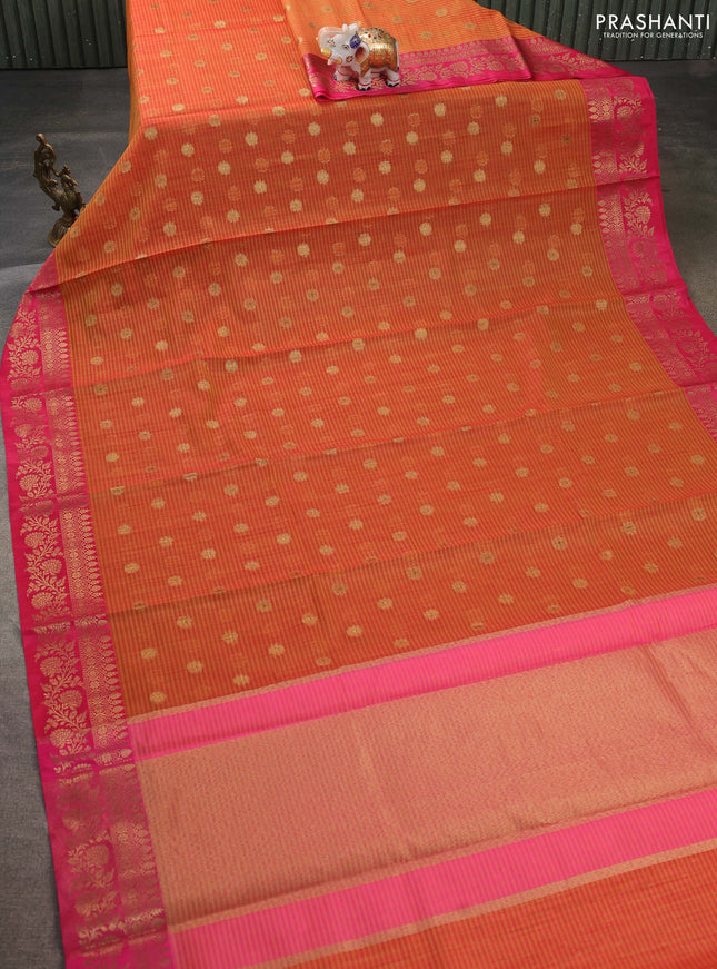 Banarasi semi dupion saree dual shade of mustard yellow and pink with allover zari woven buttas and zari woven border