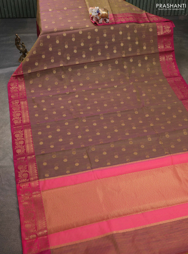 Banarasi semi dupion saree dual shade of purple and magenta pink with allover zari woven buttas and zari woven border