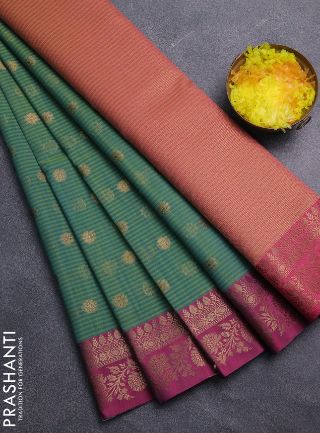 Banarasi semi dupion saree green and magenta pink with allover zari woven buttas and zari woven border