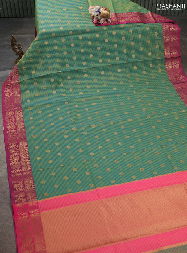 Banarasi semi dupion saree green and magenta pink with allover zari woven buttas and zari woven border