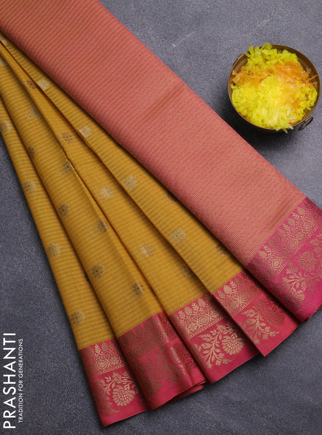 Banarasi semi dupion saree lime yellow and pink with allover zari woven buttas and zari woven border