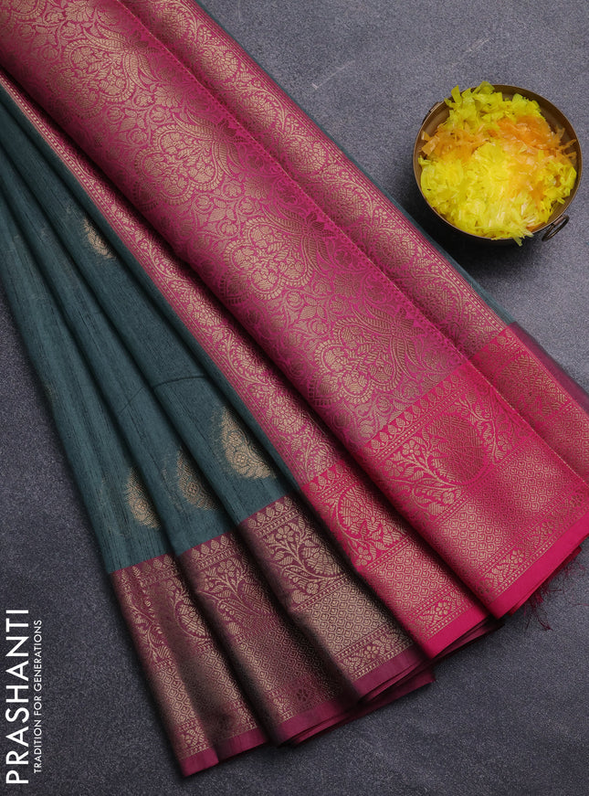 Banarasi semi dupion saree green and pink with thread & zari woven buttas and zari woven border