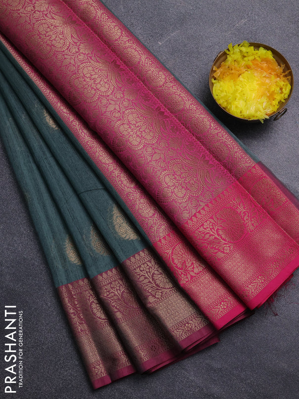 Banarasi semi dupion saree green and pink with thread & zari woven buttas and zari woven border
