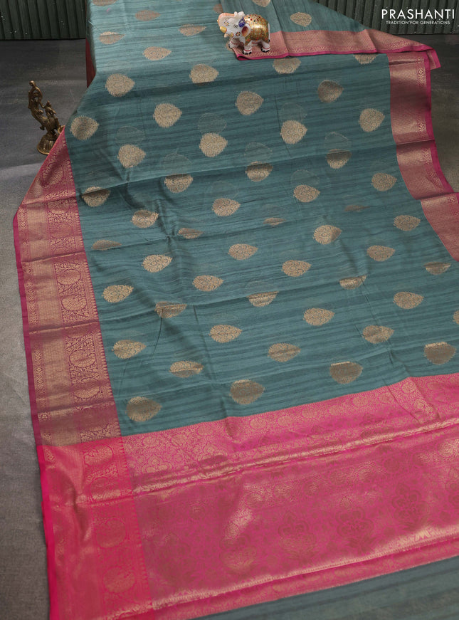 Banarasi semi dupion saree green and pink with thread & zari woven buttas and zari woven border