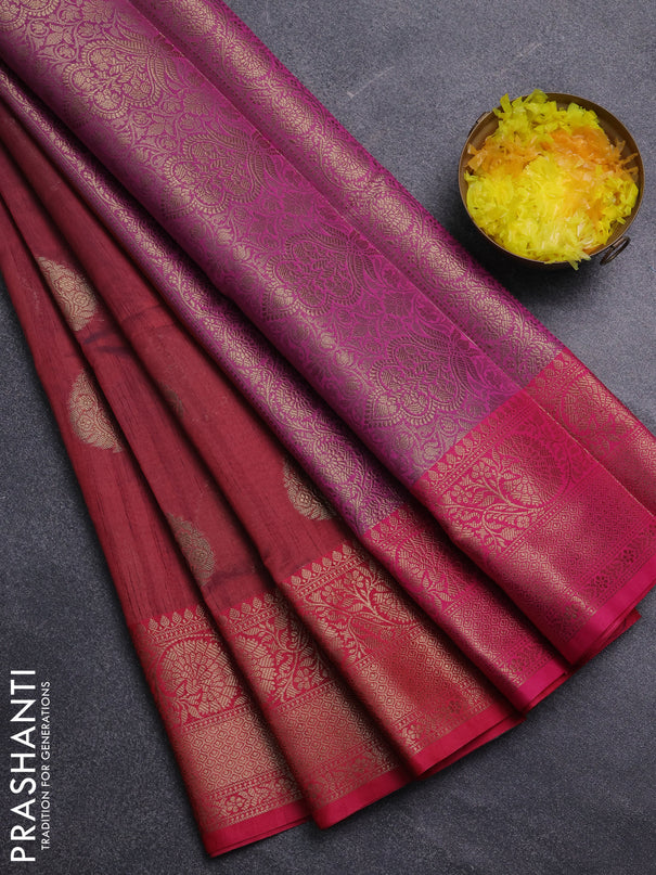 Banarasi semi dupion saree dual shade of maroon and pink with thread & zari woven buttas and zari woven border
