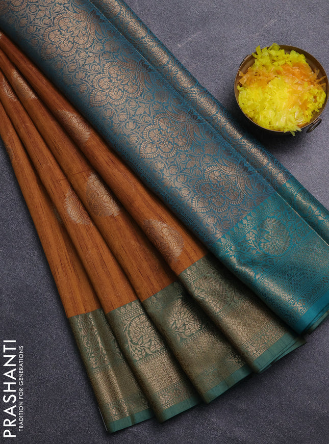 Banarasi semi dupion saree mustard yellow and teal green with thread & zari woven buttas and zari woven border