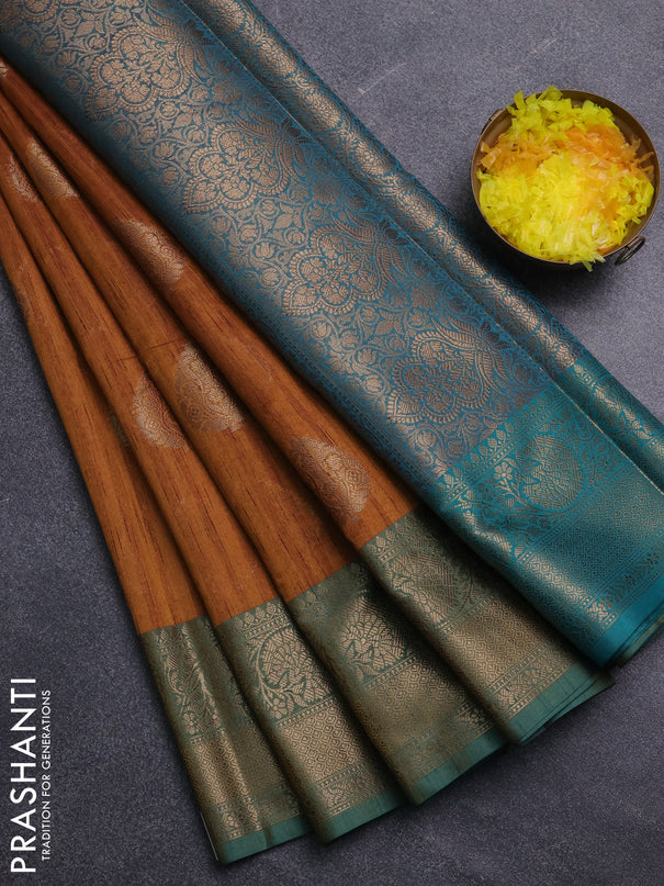 Banarasi semi dupion saree mustard yellow and teal green with thread & zari woven buttas and zari woven border