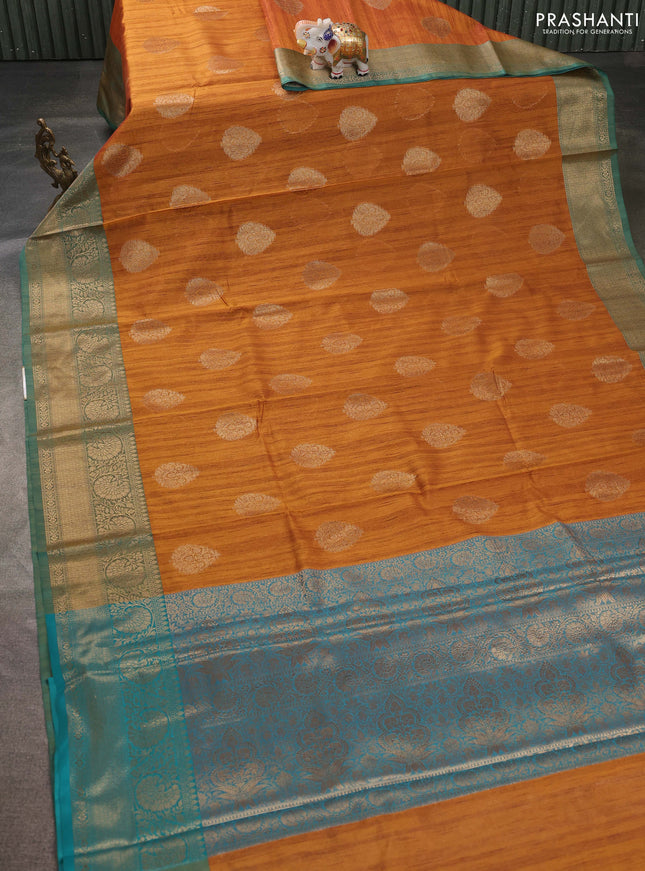 Banarasi semi dupion saree mustard yellow and teal green with thread & zari woven buttas and zari woven border