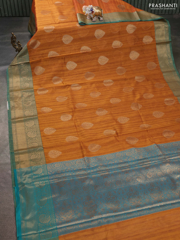 Banarasi semi dupion saree mustard yellow and teal green with thread & zari woven buttas and zari woven border