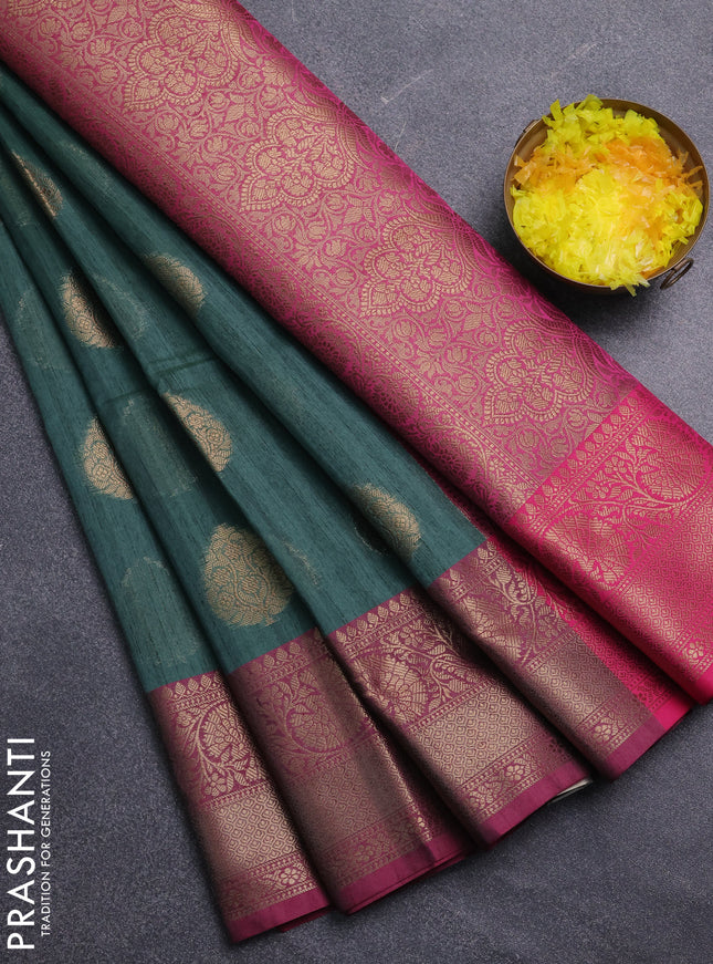 Banarasi semi dupion saree green and pink with thread & zari woven buttas and zari woven border