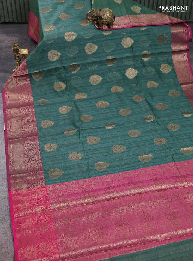 Banarasi semi dupion saree green and pink with thread & zari woven buttas and zari woven border