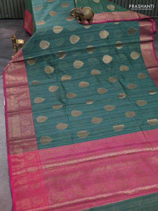 Banarasi semi dupion saree green and pink with thread & zari woven buttas and zari woven border