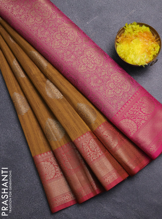 Banarasi semi dupion saree mustard yellow and pink with thread & zari woven buttas and zari woven border