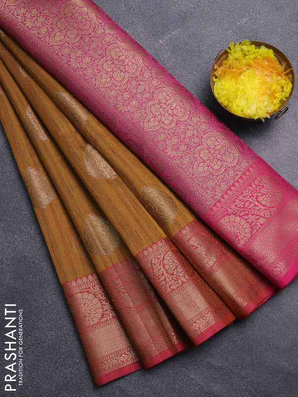 Banarasi semi dupion saree mustard yellow and pink with thread & zari woven buttas and zari woven border